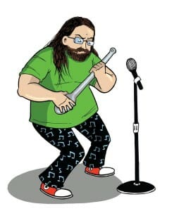 Drawing of man with glasses in front of a microphone