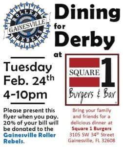 Gainesville Roller Rebels Dining for Derby advertisement