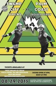 Swamp City Sirens vs. Palm Coast Roller Derby home bout advertisement featuring skaters hi-fiving