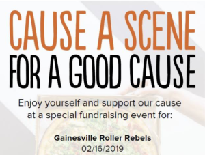 advertisement for the Blaze Pizza fundraiser benefitting the Gainesville Roller Rebels