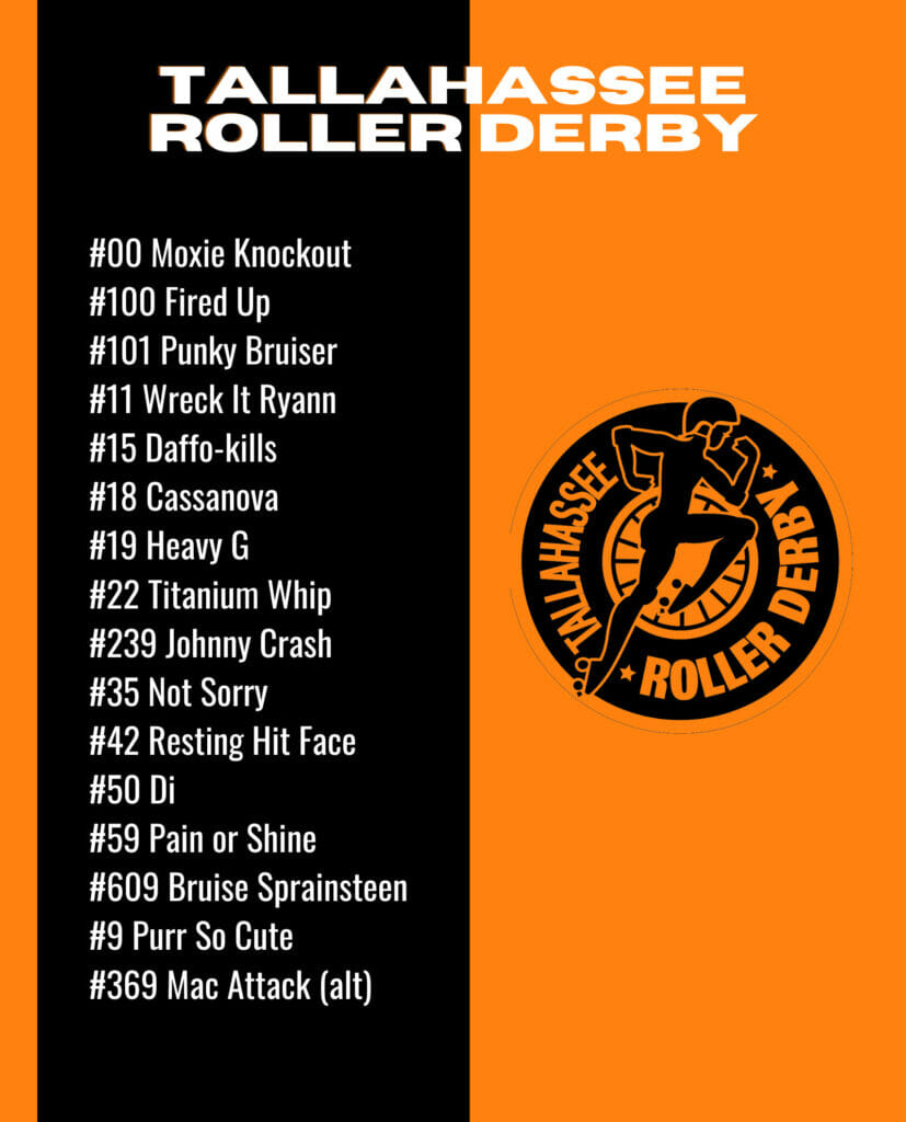 Tallahassee Roller Derby: #00 Moxie Knockout #100 Fired Up #101 Punky Bruiser #11 Wreck It Ryann #15 Daffo-kills #18 Cassanova #19 Heavy G #22 Titanium WHip #239 Johnny Crash #35 Not Sorry #42 Resting Hit Face #50 Di #59 Pain or Shine #609 Bruise Sprainsteen #9 Purr So Cute #369 Mac Attack (alt)