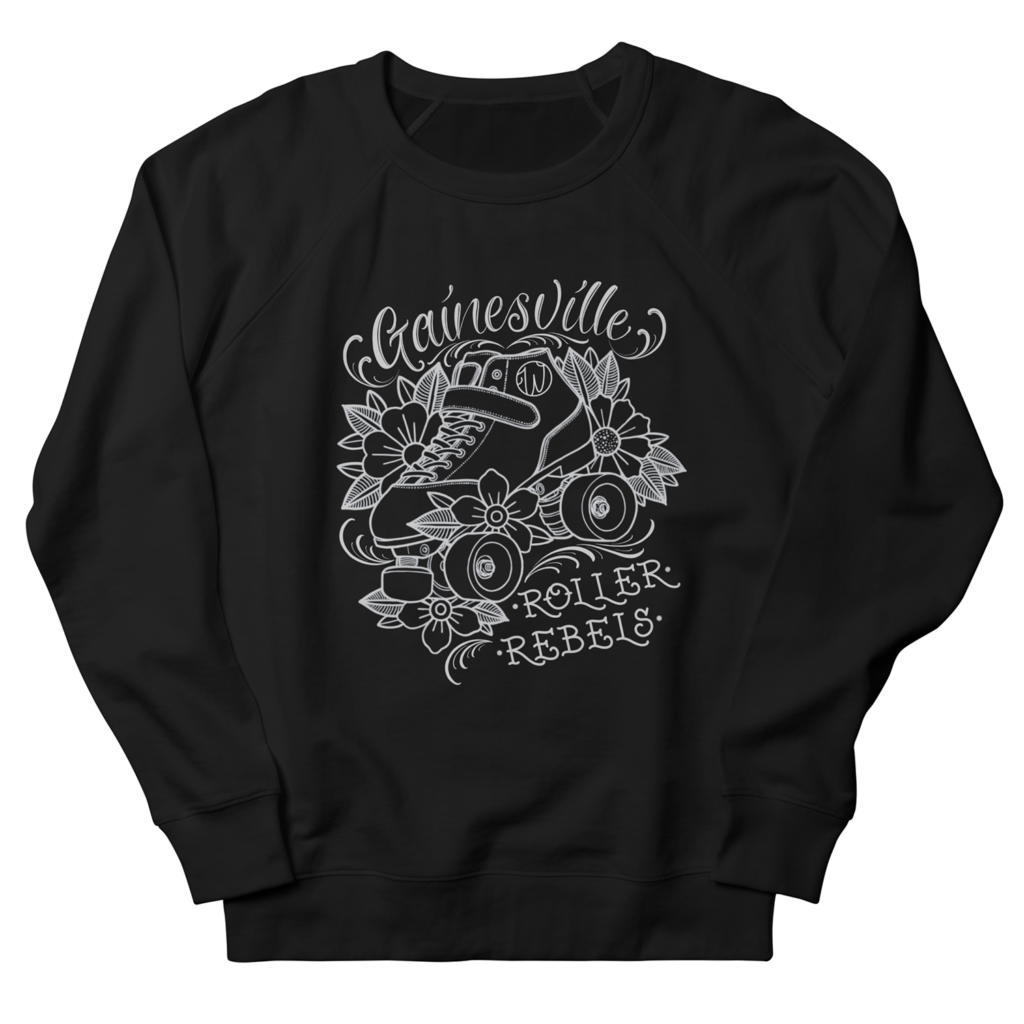 Black sweatshirt with a design featuring a roller skate and the words "Gainesville Roller Rebels" created by Wunderland