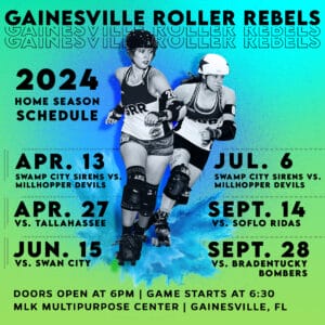 GRR season schedule,. Two skaters in action in black and white in the center. Green background with a blue splash.