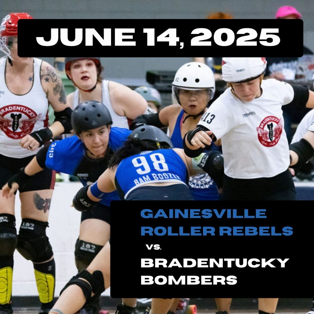 Skaters Playing Roller Derby. Gainesville Roller rebels players vs Bradentucky Bombers